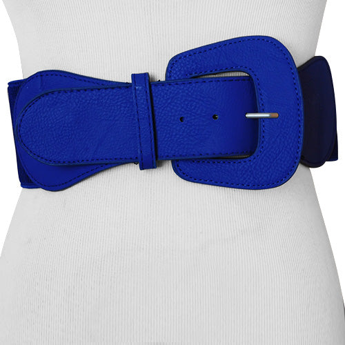 Blue Faux Leather Wide Stretch Belt with Covered Belt Buckle