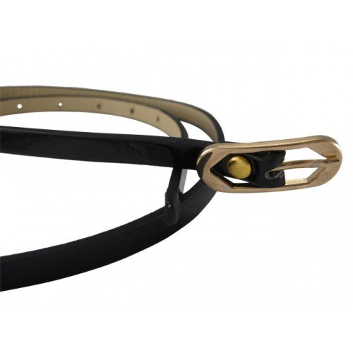 
                  
                    Glossy Black Skinny Belt with Gold Oblong Buckle- Imitation Leather
                  
                