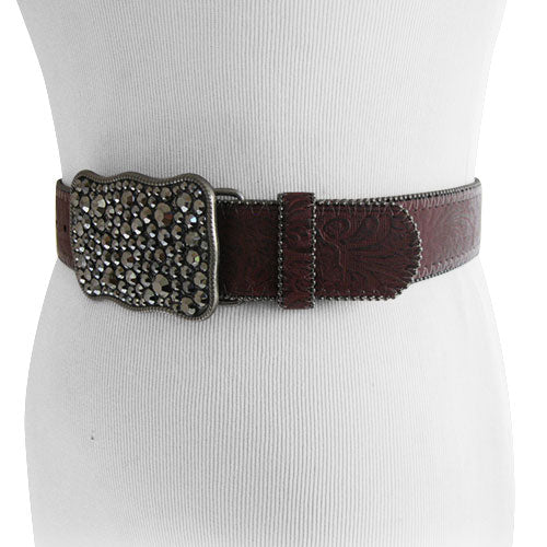 Patterned Burgundy Genuine Leather Belt with Black Rhinestone