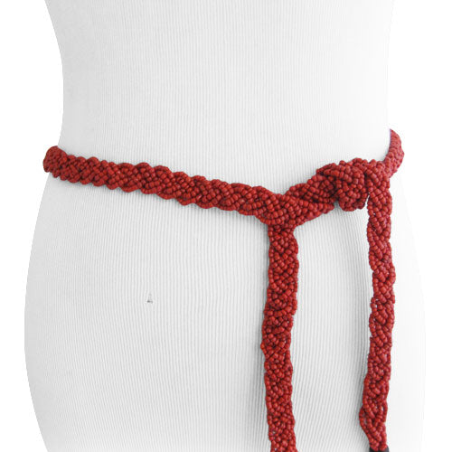 Red Coral Color Braid Beaded Women's Belt with Natural Wood Buckle