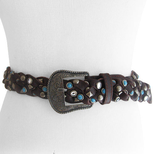 Genuine Leather Braided Black Belt with W Silver Buckle and turquoise  accent. Kamberley Concho Turquoise Black Belt 6067 – Wild Bill main image 3