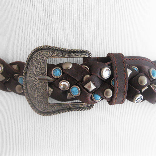 Genuine Leather Braided Belt Rhinestone, Silver Tone Stud  display picture 2