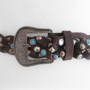 
                  
                    Genuine Leather Braided Belt Rhinestone, Silver Tone Stud and Turquoise Accented Belt
                  
                
