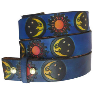 
                  
                    Embossed Sun & Moon Royal Blue- Genuine Tooled Leather Interchangeable Belt Strap. STRAP ONLY!
                  
                