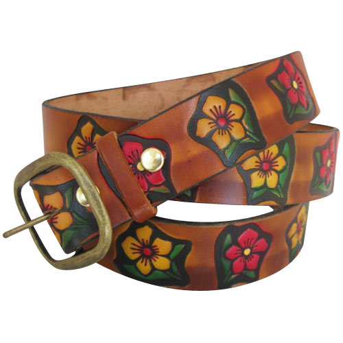 Embossed Petunias Brown (multi-color)- Genuine Tooled Leather Interchangeable Belt Strap. STRAP ONLY!