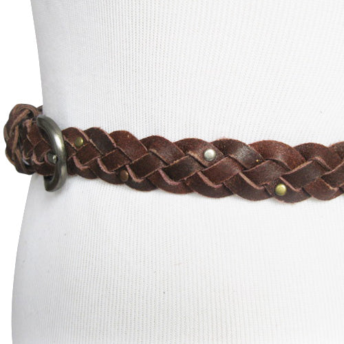 Dark Brown Skinny Braided Belt with Bronze, Silver and Brass Micro