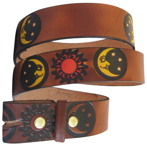 Embossed Sun & Moon Brown- Genuine Tooled Leather Interchangeable Belt Strap. STRAP ONLY!