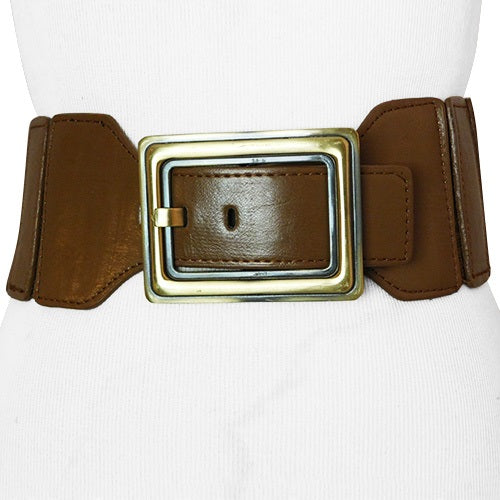 Brown Smooth Wide Stretch Belt with Horizontal Frame Antique Gold Buckle