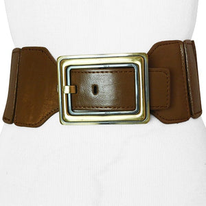 
                  
                    Brown Smooth Wide Stretch Belt with Horizontal Frame Antique Gold Buckle
                  
                