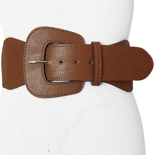 Brown Faux Leather Wide Stretch Belt with Covered Belt Buckle