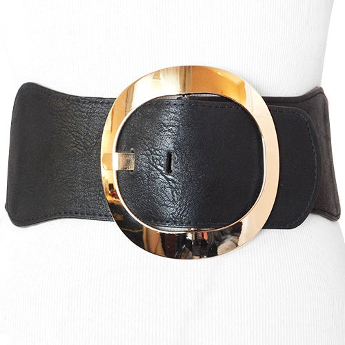 
                  
                    Black Wide Women's Stretch Belt with a Rose Goldtone O shaped Buckle
                  
                