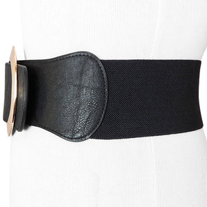 
                  
                    Black Wide Women's Stretch Belt with a Rose Goldtone O shaped Buckle
                  
                