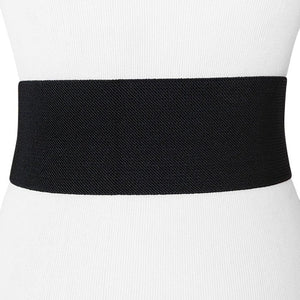 
                  
                    Black Wide Women's Stretch Belt with a Rose Goldtone O shaped Buckle
                  
                