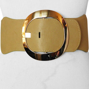 
                  
                    Beige Wide Women's Stretch Belt with a Rose Gold tone O shaped Buckle
                  
                