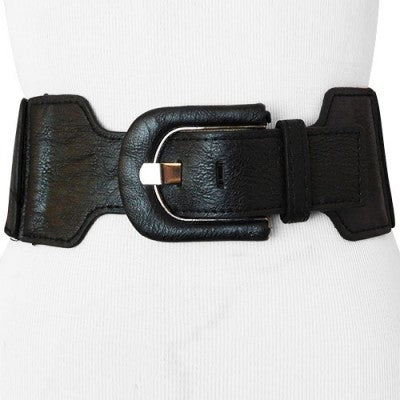 Black Faux Leather Wide Stretch Belt with Elongated Horseshoe Belt Buckle