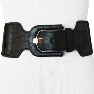 
                  
                    Black Faux Leather Wide Stretch Belt with Elongated Horseshoe Belt Buckle
                  
                