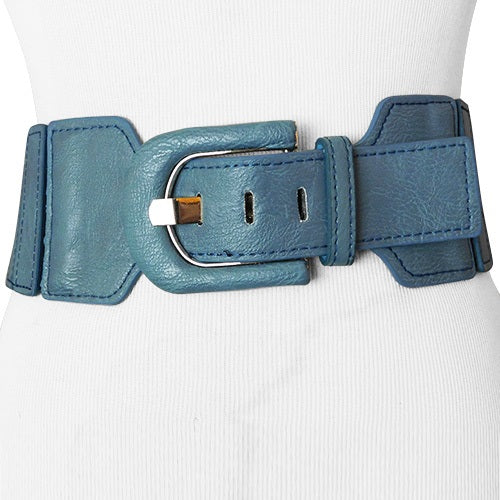 Blue Faux Leather Wide Stretch Belt with Elongated Horseshoe Belt Buckle