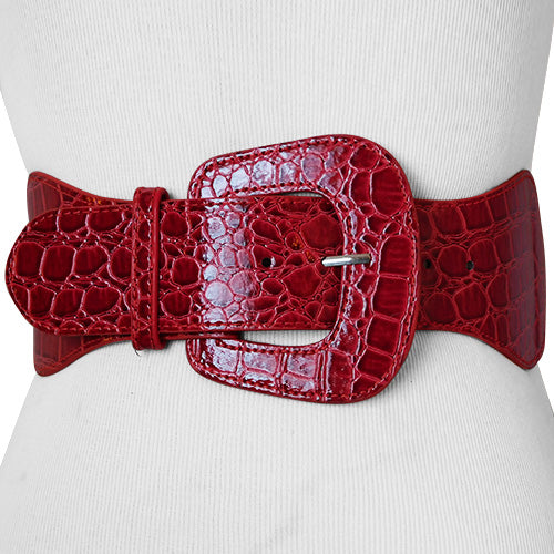 Red Faux Crocodile Wide Stretch Belt with Covered Belt Buckle