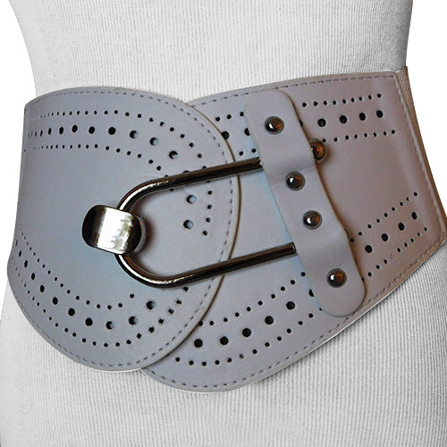 
                  
                    White Faux Leather Wide Stretch Belt with Graduated Eyelit Drilled Panels and Polished Chrome finish U Hook
                  
                