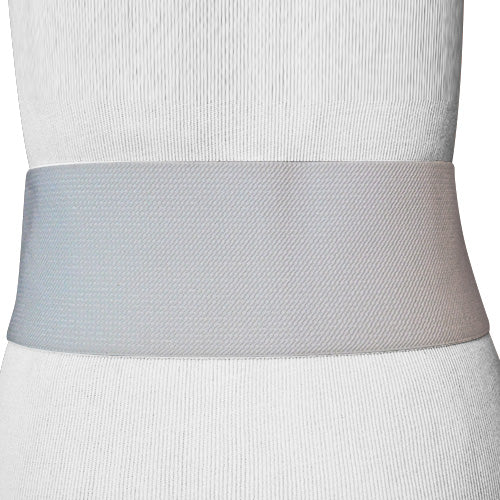 
                  
                    White Faux Leather Wide Stretch Belt with Graduated Eyelit Drilled Panels and Polished Chrome finish U Hook
                  
                