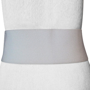 
                  
                    White Faux Leather Wide Stretch Belt with Graduated Eyelit Drilled Panels and Polished Chrome finish U Hook
                  
                