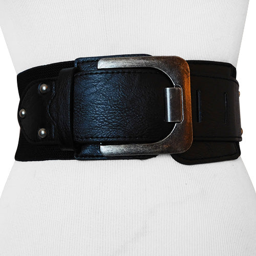 Black Faux Leather Wide Stretch Belt with Square Antique Silvertone Buckle