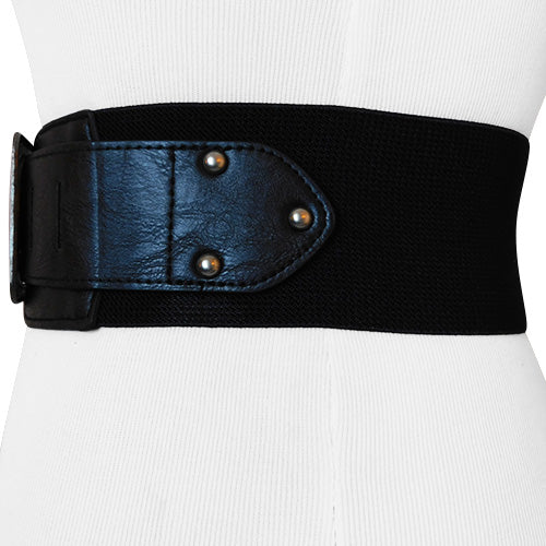 
                  
                    Black Faux Leather Wide Stretch Belt with Square Antique Silvertone Buckle
                  
                