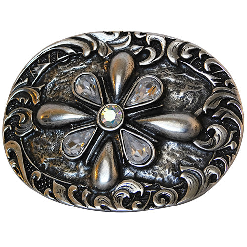 Women's Oval Belt Buckle with Scroll Trim and Five Crystals Limited Edition
