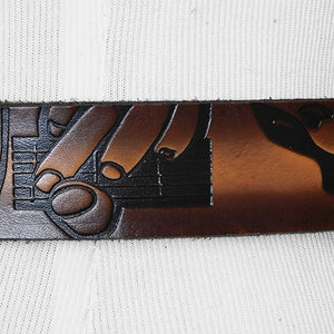 
                  
                    Embossed Guitar Player Brown- Genuine Tooled Leather Interchangeable Belt Strap. STRAP ONLY!
                  
                