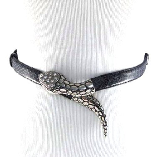 Black Snakeskin Skinny Waist Belt with Snake Belt Buckle