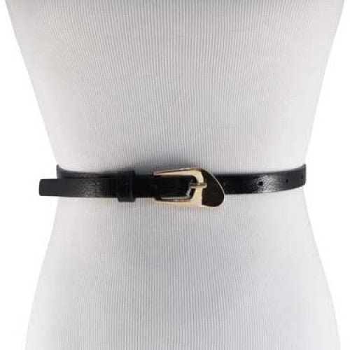
                  
                    Textured Black Skinny Belt with Oblique Brass Buckle
                  
                