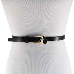 
                  
                    Textured Black Skinny Belt with Oblique Brass Buckle
                  
                