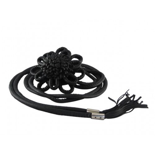 Black Cord Tassel Belt with Black Flower Buckle