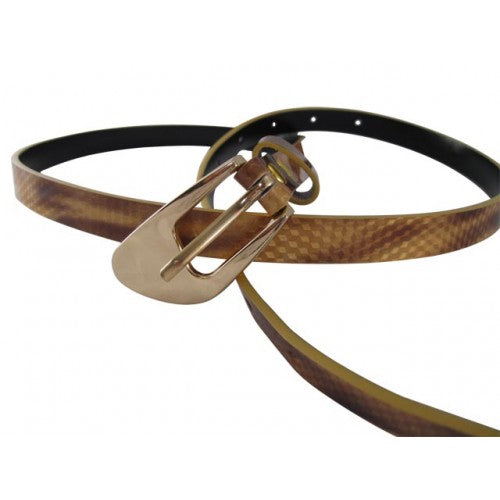 Glossy Snakeskin Gold Skinny Belt with Oblique Brass Buckle