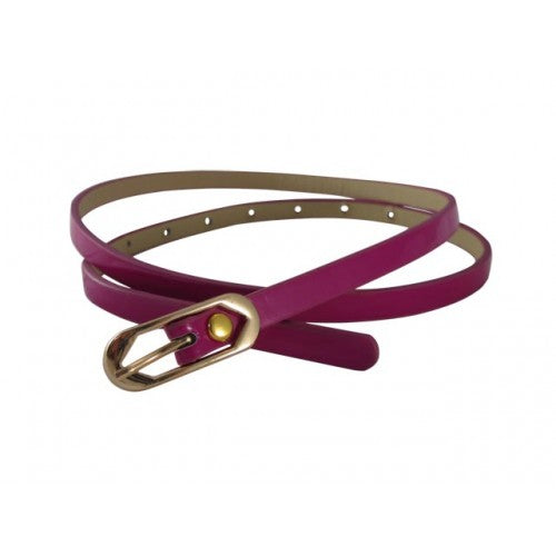 Neon Fuchsia Skinny Belt with Brass Oblong Buckle- Imitation Leather