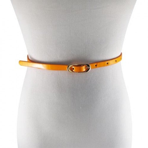 Neon Tangerine Skinny Belt with Brass Oblong Buckle- Imitation Leather