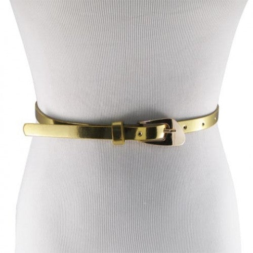 
                  
                    Glossy Gold Skinny Belt with Oblique Brass Buckle
                  
                