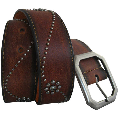 
                  
                    Genuine Leather Two-Tone Brown Belt with Rivets and Rhinestone Centered Daisies
                  
                