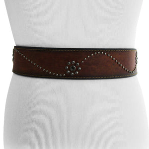 
                  
                    Genuine Leather Two-Tone Brown Belt with Rivets and Rhinestone Centered Daisies
                  
                