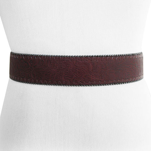 
                  
                    Patterned Burgundy Genuine Leather Belt with Black Rhinestone Buckle and Metallic Beaded Edges
                  
                
