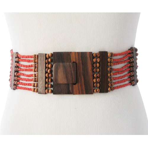 Beaded Women's Belt- Coral Red with Wood Dividers and Wood Buckle