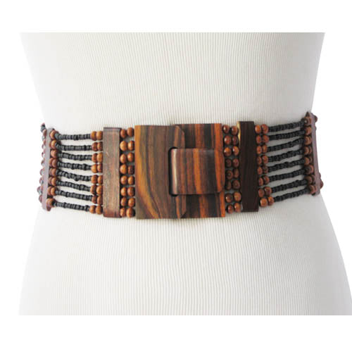 Beaded Stretchable Waist Belt- Black with Wood Dividers and Wood Buckle