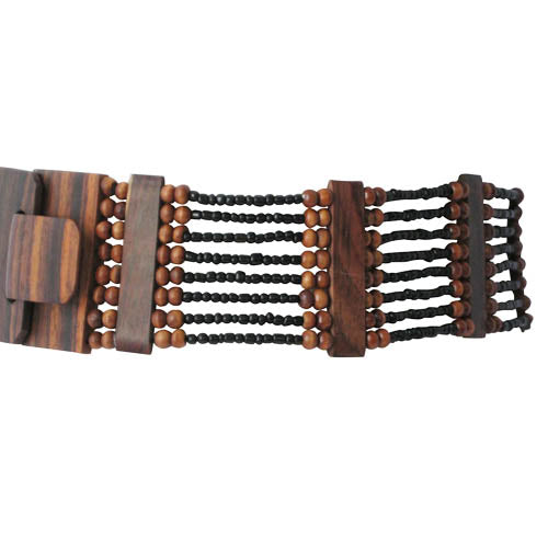 
                  
                    Beaded Stretchable Waist Belt- Black with Wood Dividers and Wood Buckle
                  
                