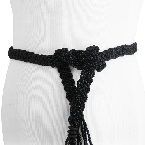 Black Braid Beaded Tassel Belt with Natural Wood Buckle