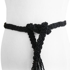 
                  
                    Black Braid Beaded Tassel Belt with Natural Wood Buckle
                  
                