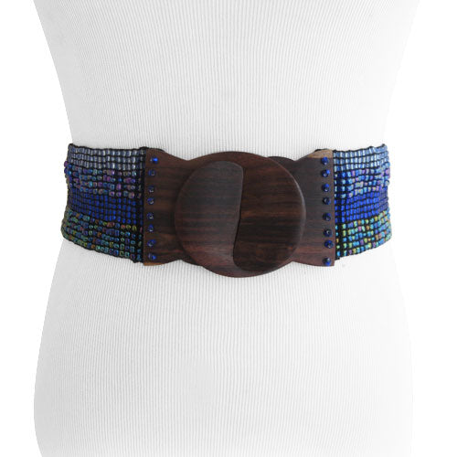 Handmade Ombre Light to Dark Blue Bead Belt with Wood Buckle