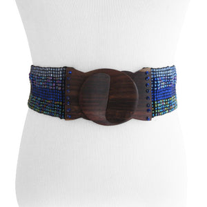 
                  
                    Handmade Ombre Light to Dark Blue Bead Belt with Wood Buckle
                  
                