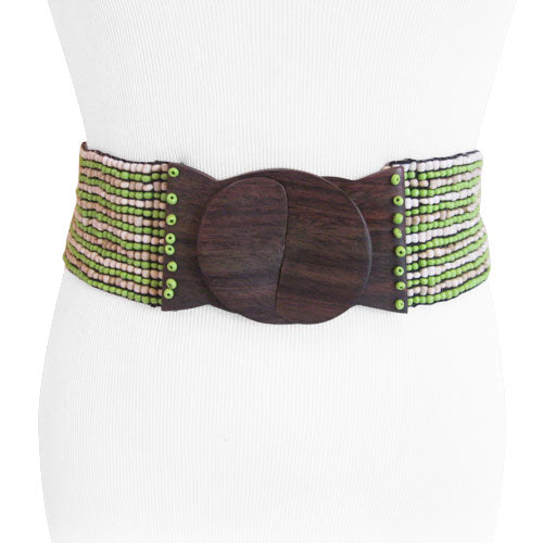 Handmade Sand Stripe White/Green/Tan Bead Belt with Wood Buckle