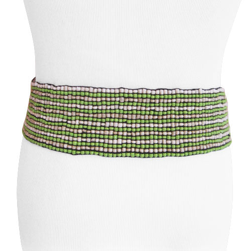 
                  
                    Handmade Sand Stripe White/Green/Tan Bead Belt with Wood Buckle
                  
                