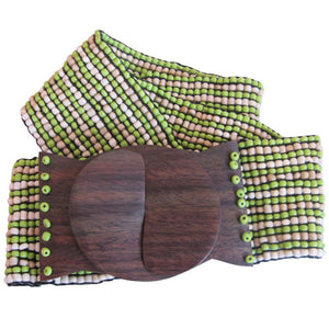 
                  
                    Handmade Sand Stripe White/Green/Tan Bead Belt with Wood Buckle
                  
                